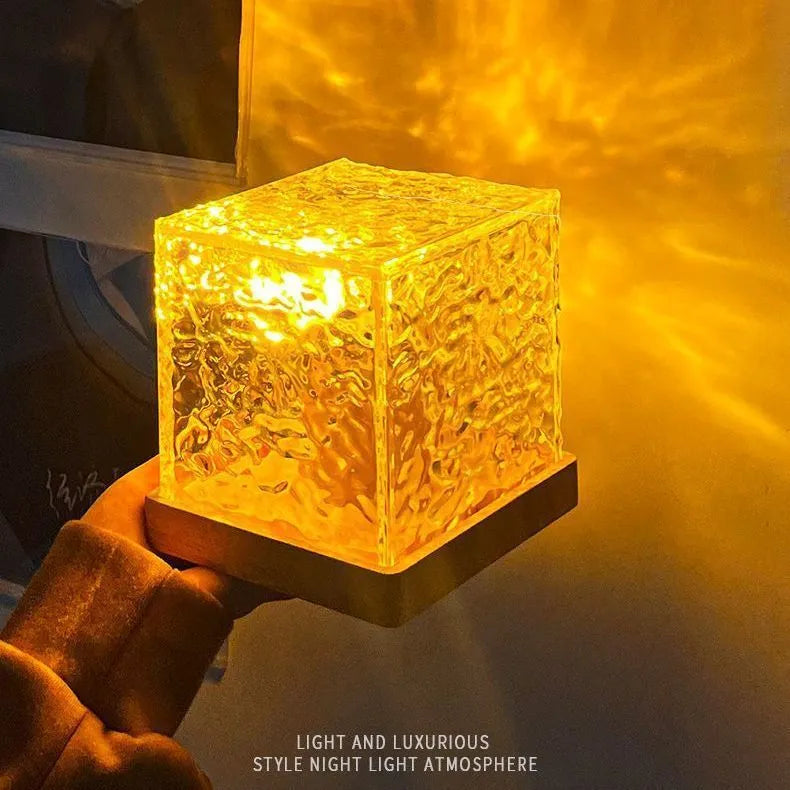 Geometric crystal table lamp projecting water ripple light patterns with remote control