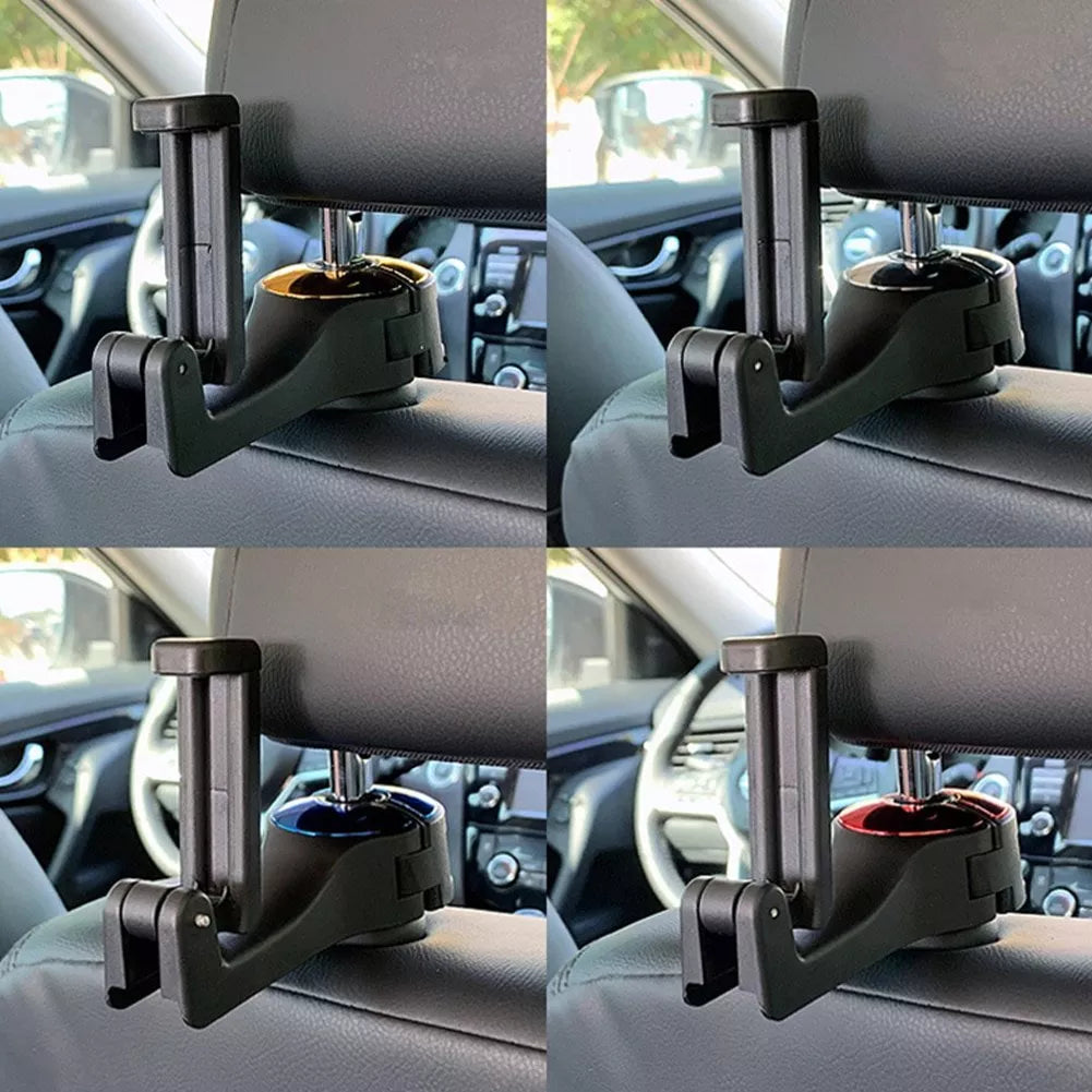 360° rotating car headrest hook phone holder in black, beige, red, or blue