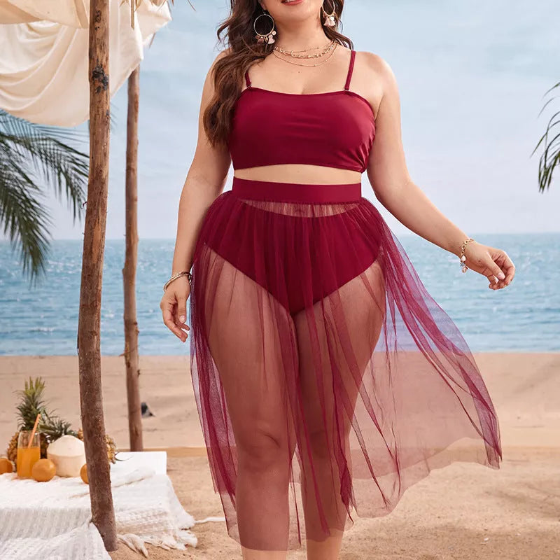 Plus size bikini split swimsuit with gauze skirt in black, wine red, blue, orange, or silver green