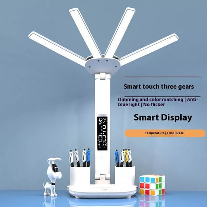3-in-1 Multifunction LED Desk Lamp with fan, calendar clock, and adjustable lighting