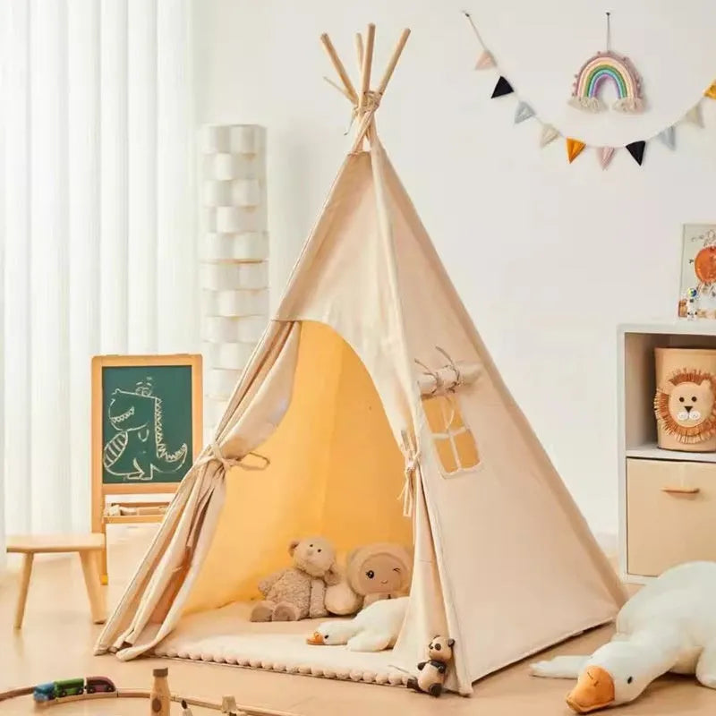 Indoor Children's Tent Cloth and Wood Playhouse Beige Toy House for Boys and Girls Home Use with Side Door or Hat Style Options