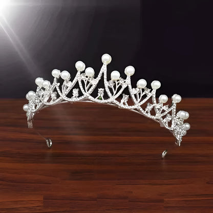 Silver pearl bridal tiara crown with white crystal, adult and children sizes, alloy electroplated
