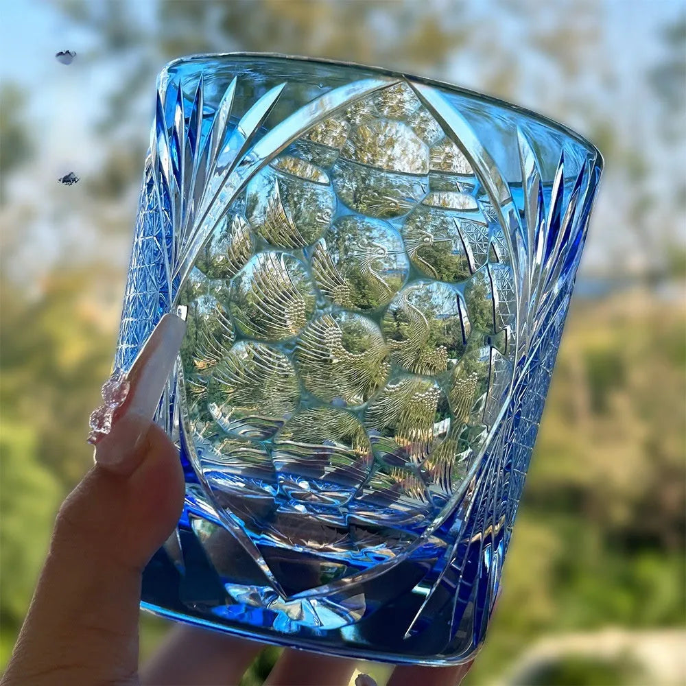 Sky blue hand carved crane water whiskey shot glass, crystal glass, 90 x 100mm, 301-400ml capacity