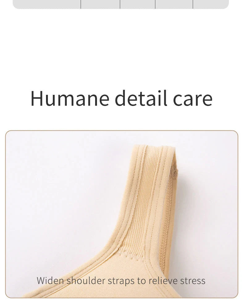 Comfortable back button up sports bra with wide straps in white, black, and apricot