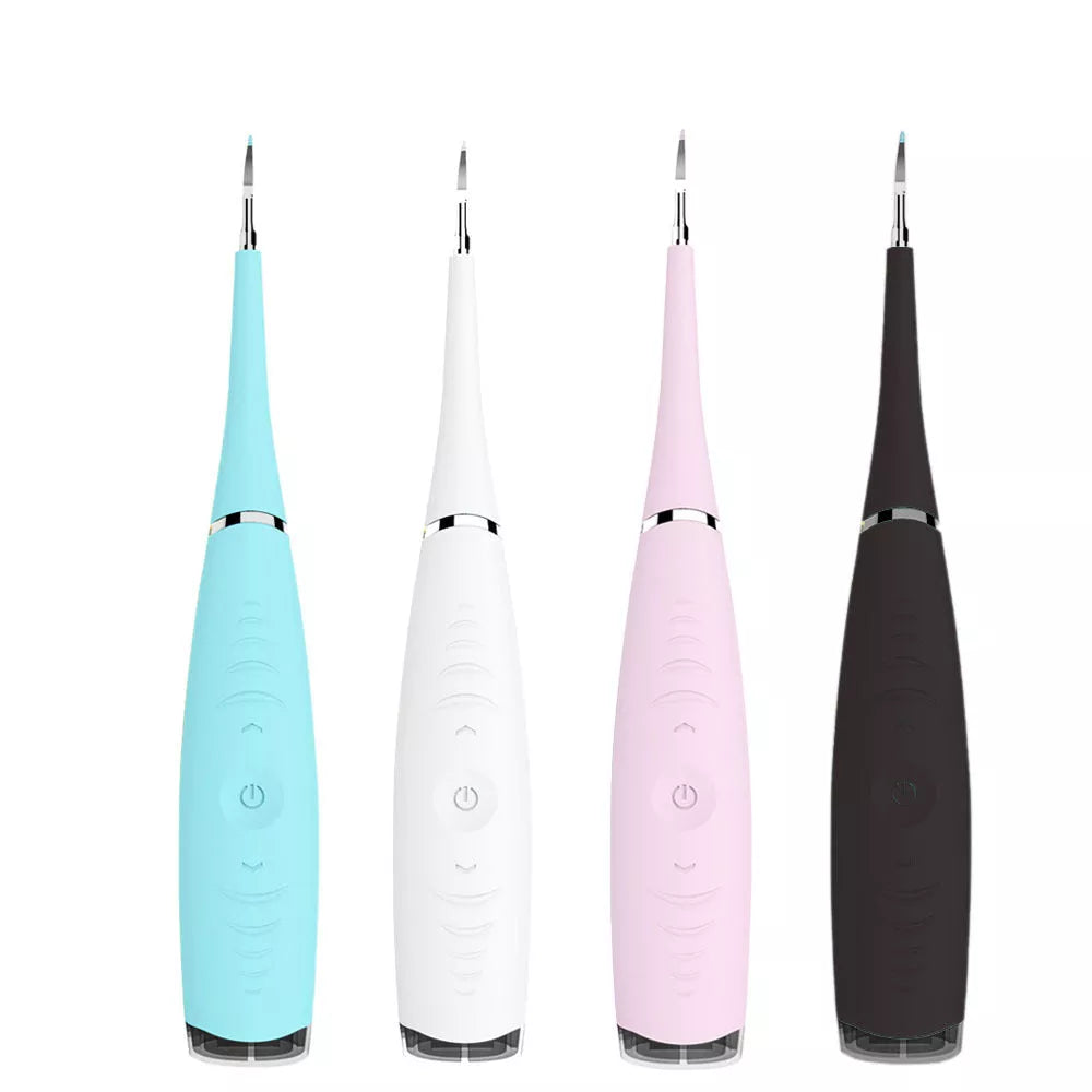 Ultrasonic tartar remover in white, pink, blue, and black colors for effective dental care at home