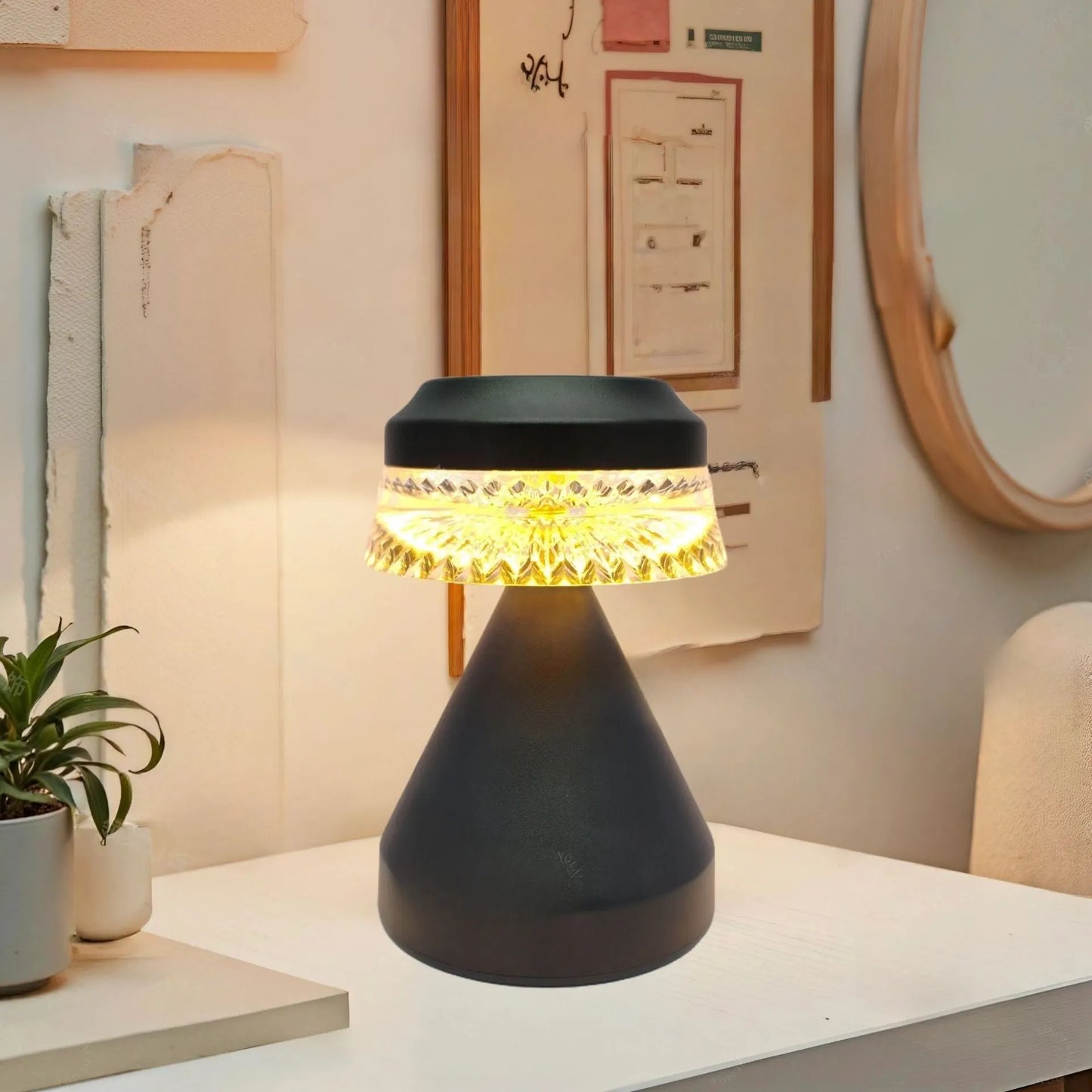 Small modern LED night lamp on a table with USB cable, shown in black, brown, and orange colour options.