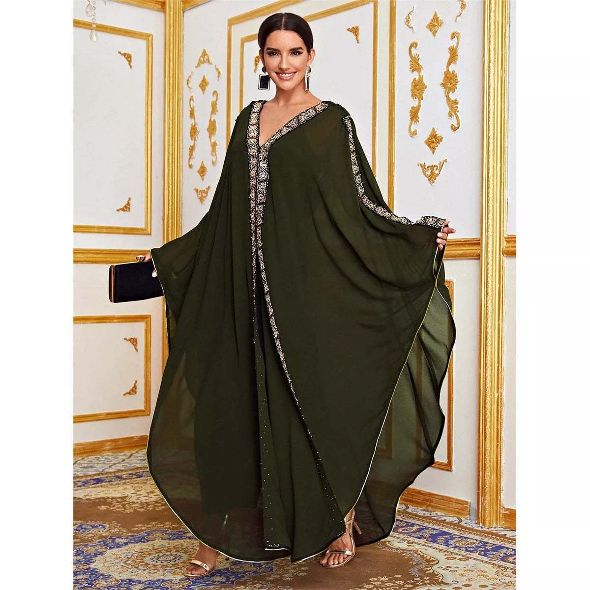 Loose Muslim robe dress in chiffon fabric, available in green, black, red, dark red, and blue.