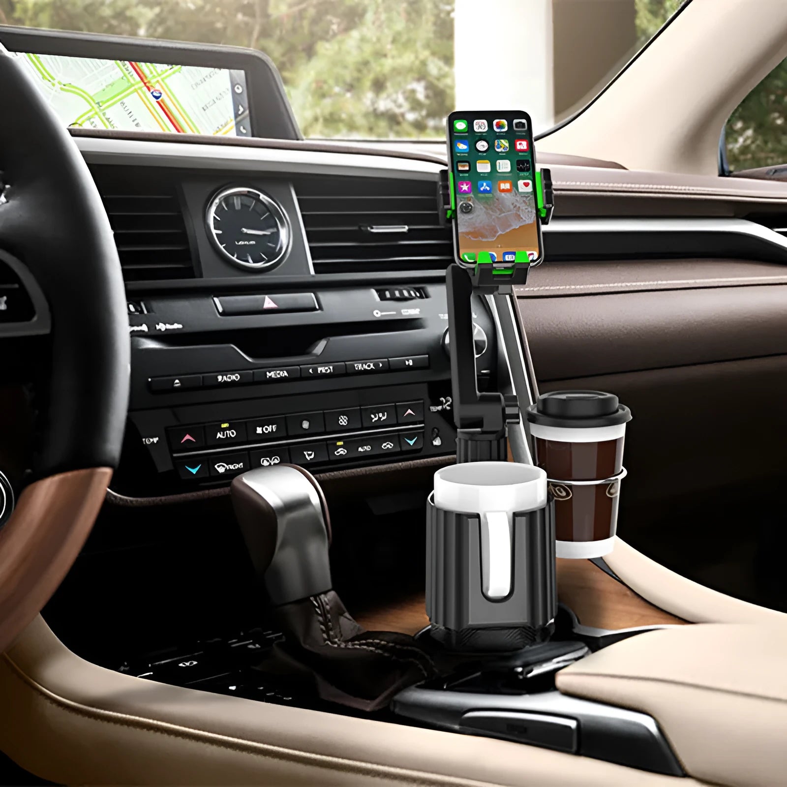 Green car kettle and mobile phone holder with drink rack showing compact 16.5×11×18.5cm dimensions