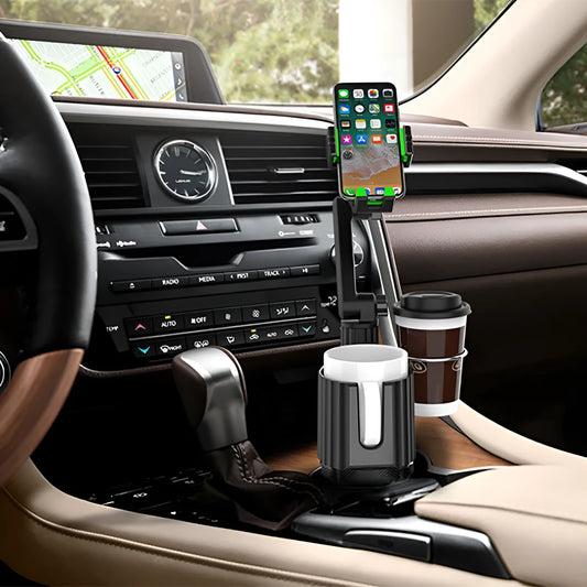 Green car kettle and mobile phone holder with drink rack showing compact 16.5×11×18.5cm dimensions