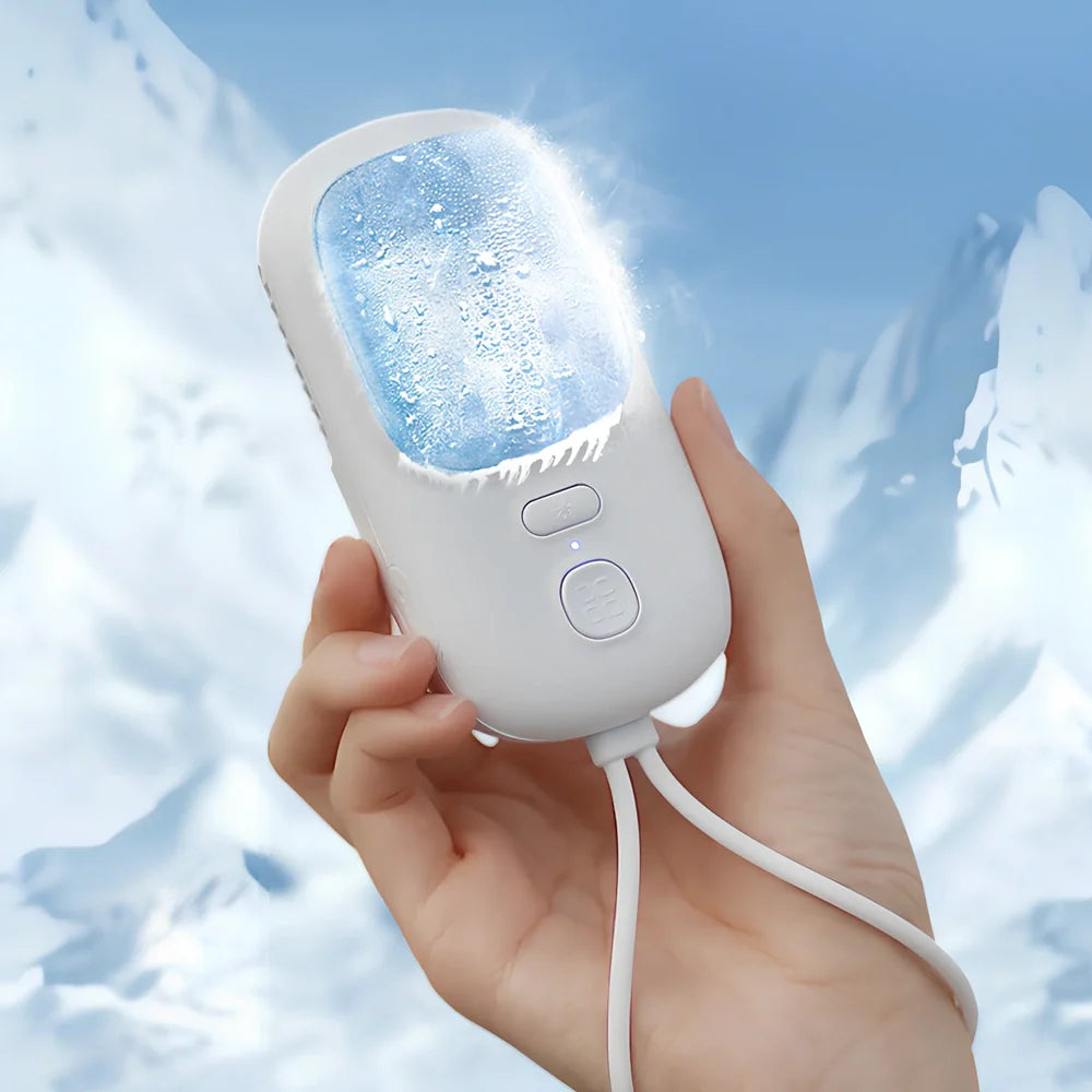 White neck fan with adjustable band and mechanical speed controls for personal cooling during activity