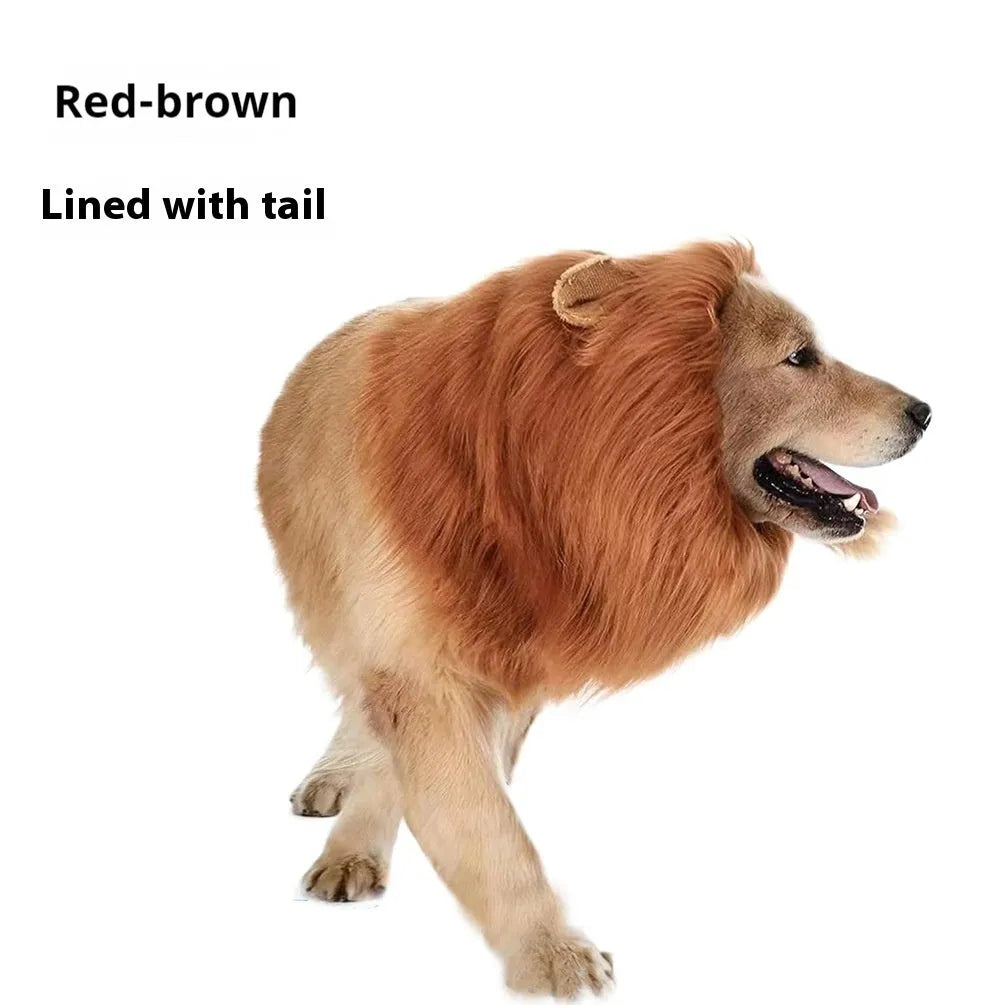 Dog wearing adjustable lion headdress costume with elastic neckband in light brown colour