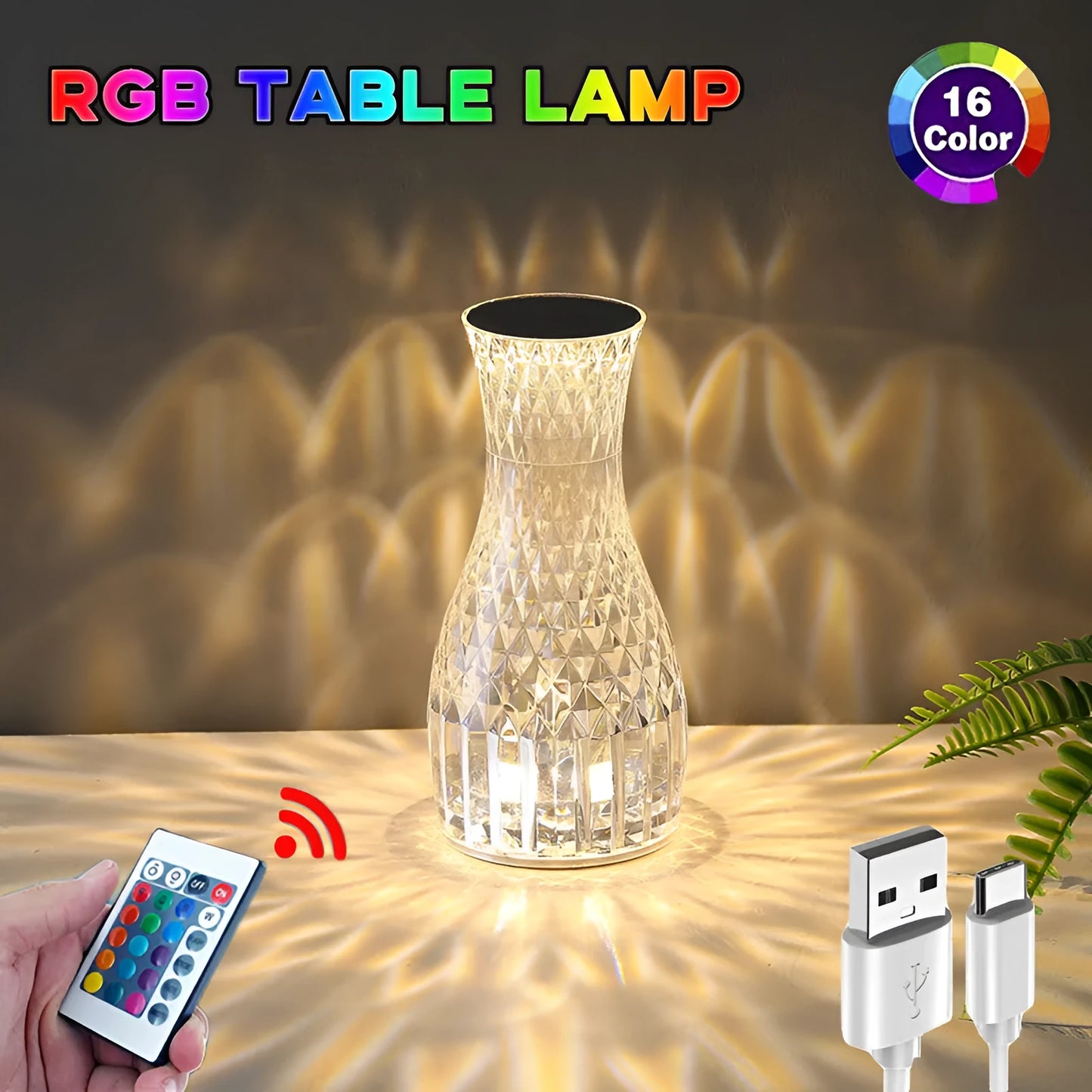 Transparent vase-shaped crystal table lamp with remote control on a wooden bedside table.