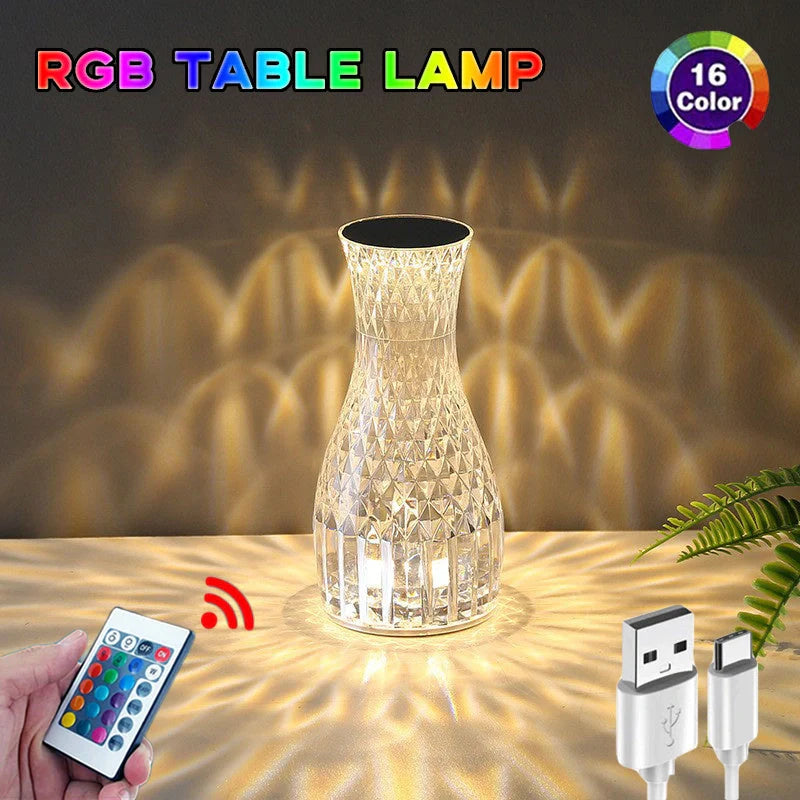 Vase Shape Crystal LED Table Lamp with remote control on a bedside table