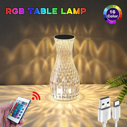 Vase Shape Crystal LED Table Lamp with remote control on a bedside table