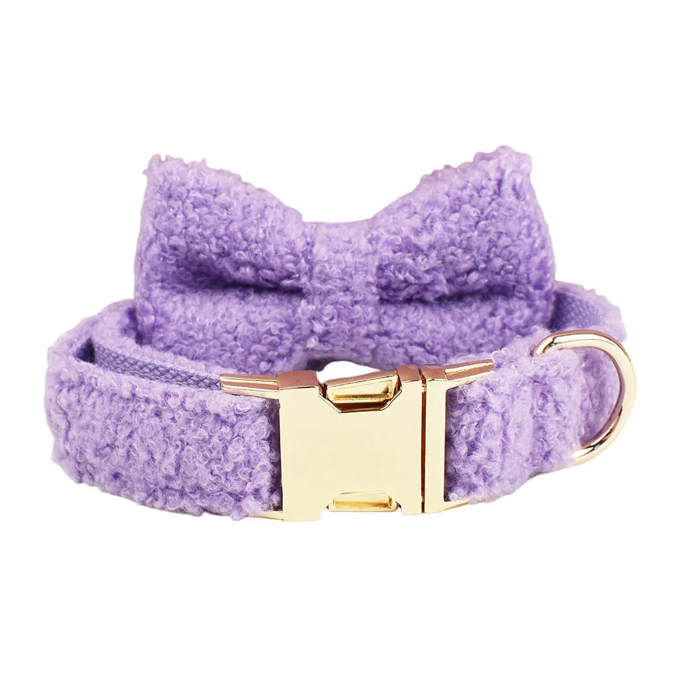 Cloth dog accessory set showing collar, leash, bow, and vest in coordinating fabric