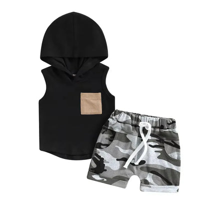 Boys' black hooded vest and shorts set in knitted cotton, sizes 70cm to 110cm, two-piece outfit
