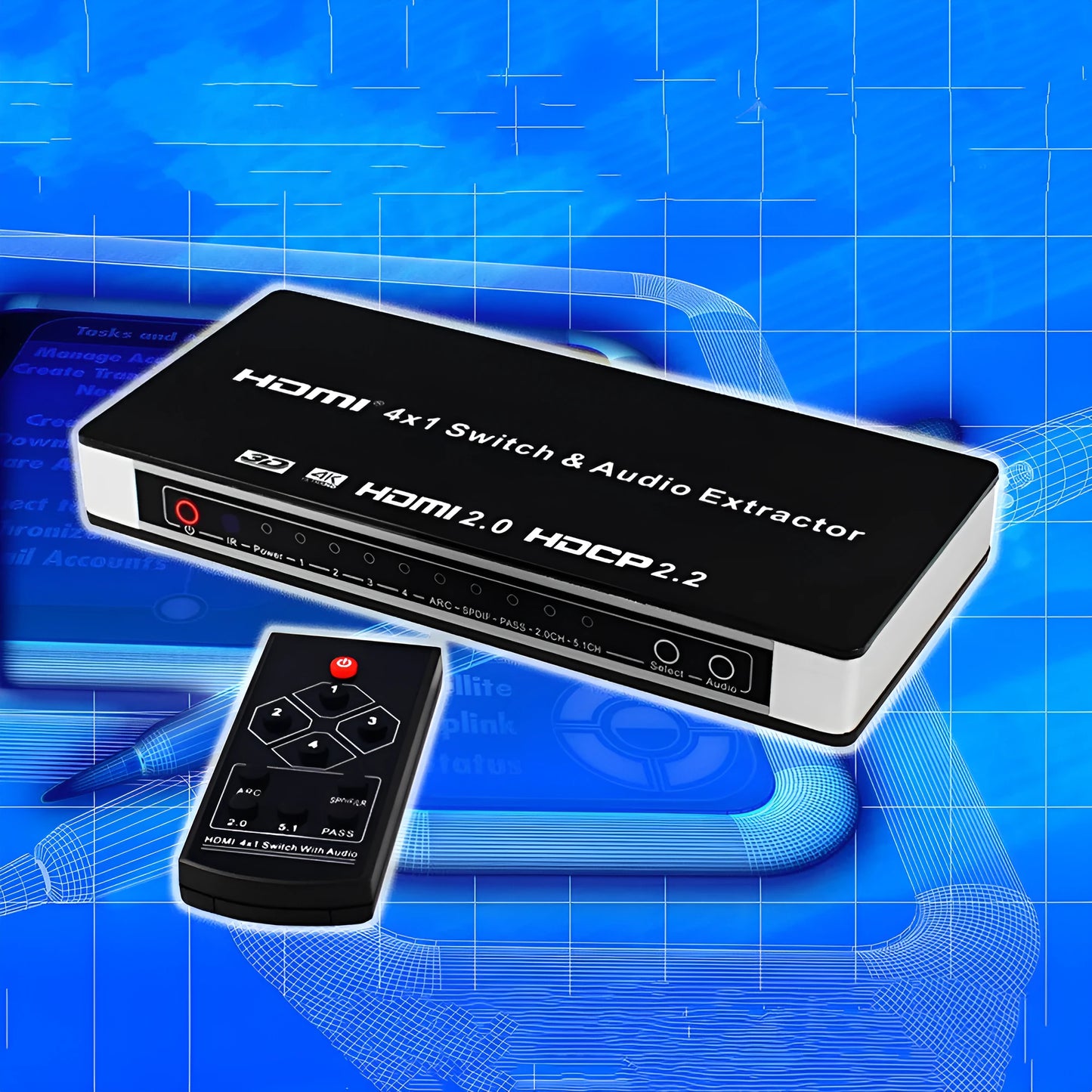 Black HDMI audio-video switch with remote control showing four inputs and one output