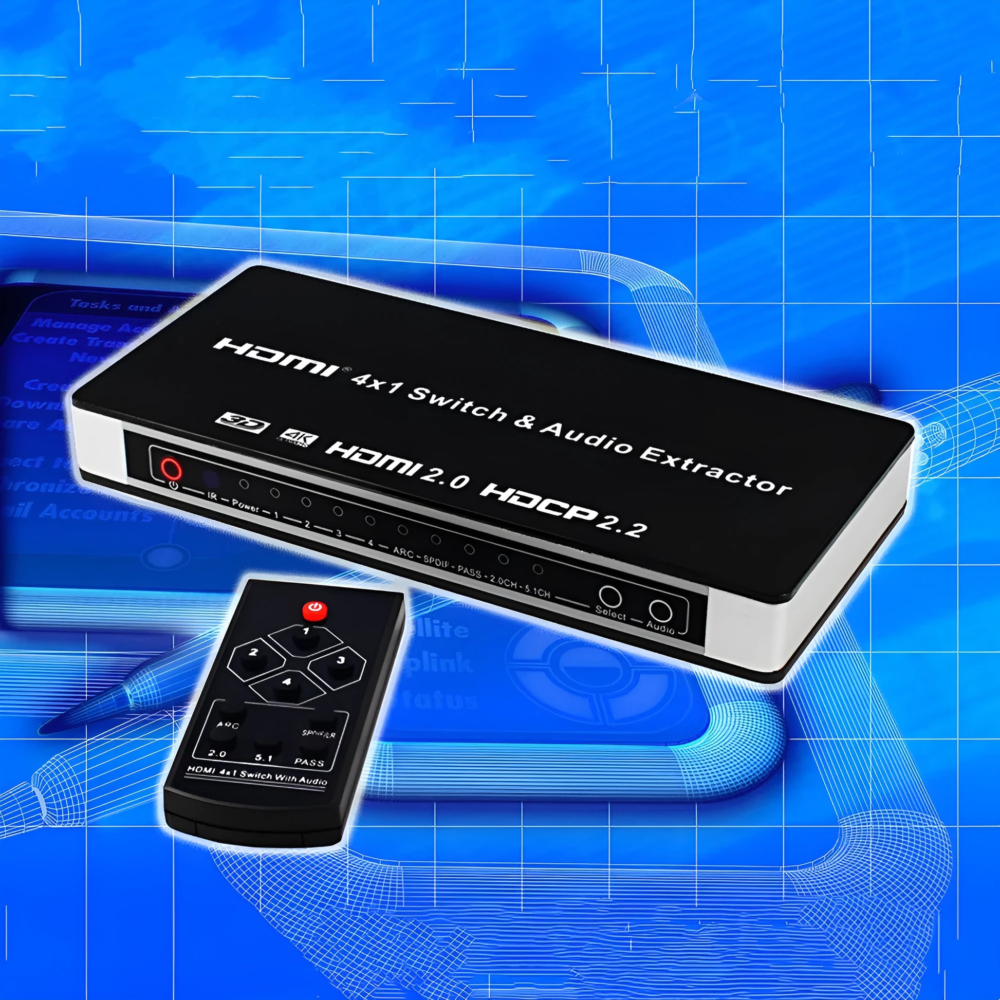 Black HDMI audio-video switch with remote control showing four inputs and one output