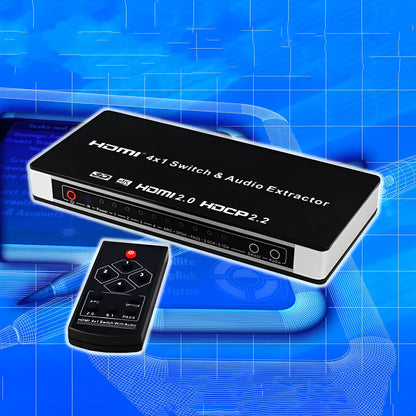 Black HDMI audio-video switch with remote control showing four inputs and one output