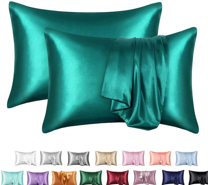 Silk-effect satin envelope pillowcase in navy blue showing envelope closure and smooth fabric texture