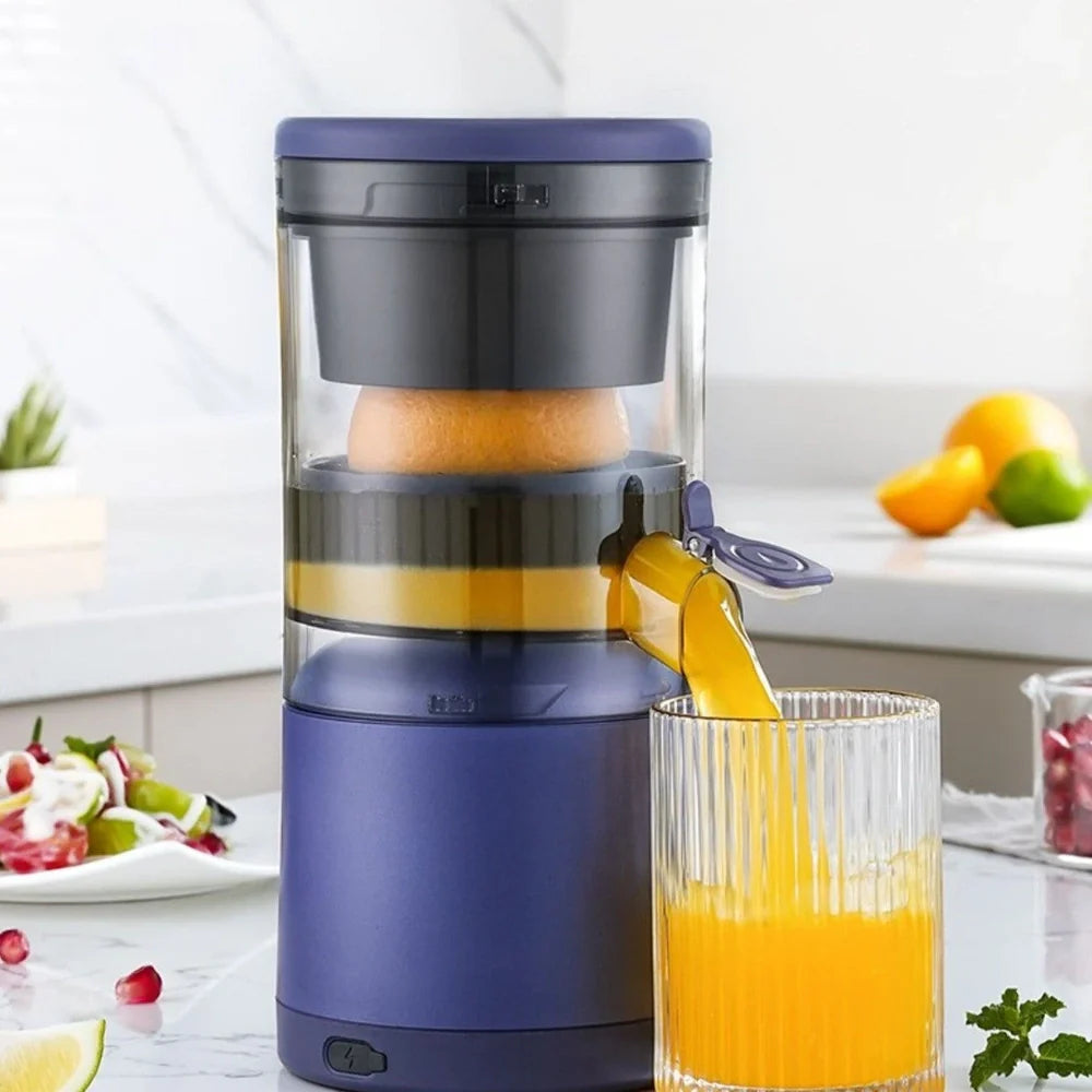 Blue portable USB electric juicer with spiral cutter, measuring 18cm height with USB cable connection