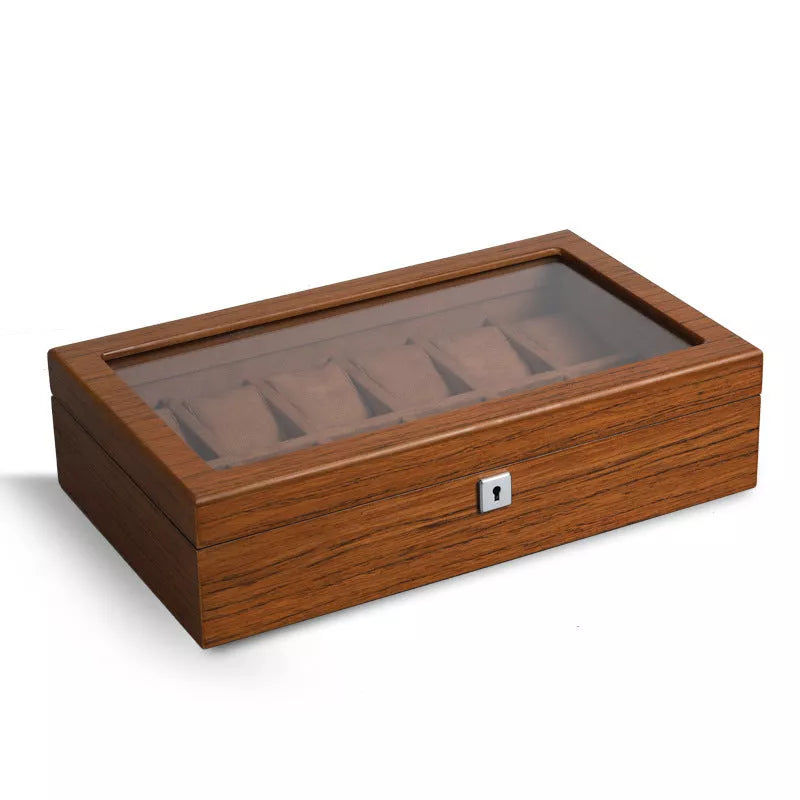 Matte wood grain lock watch storage box with 5 slots, brown color