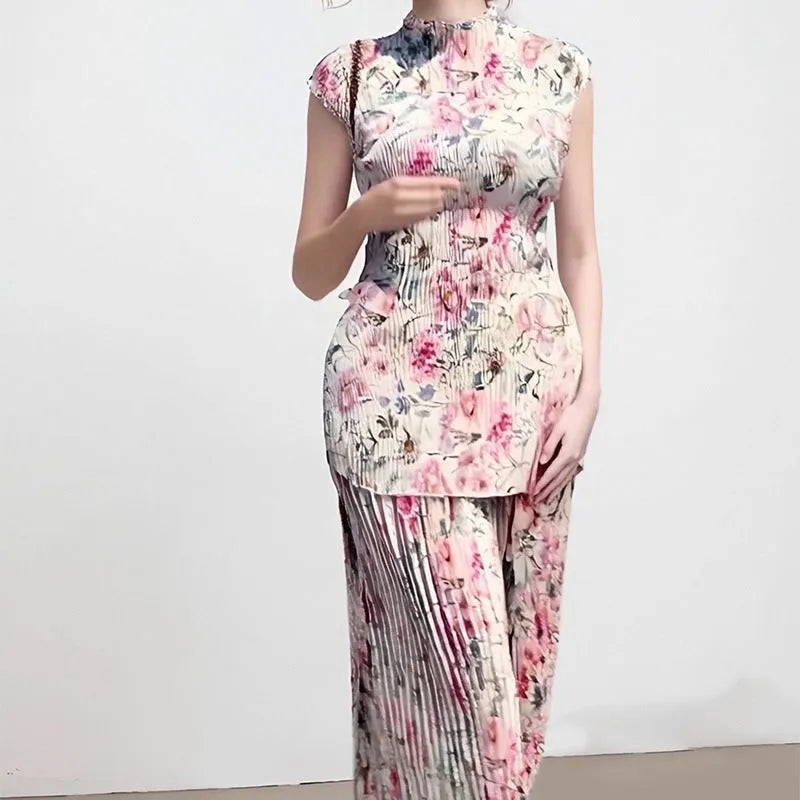 Long sleeve printed chiffon dress set with high waist, showing skirt and top in picture colour