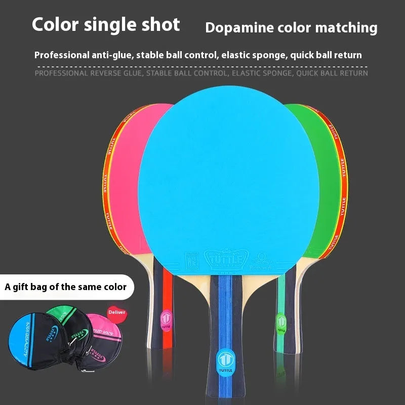 Wood table tennis racket with high elastic rubber surface and matching protective storage bag in choice of colours