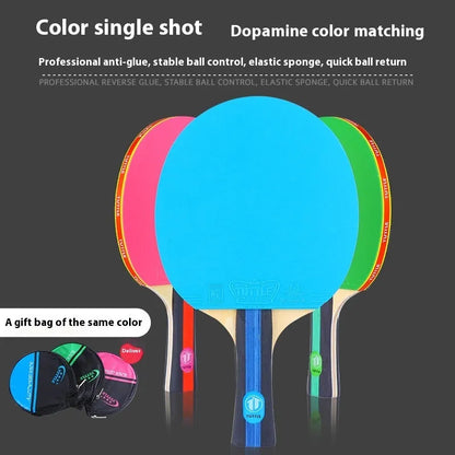 Wood table tennis racket with high elastic rubber surface and matching protective storage bag in choice of colours
