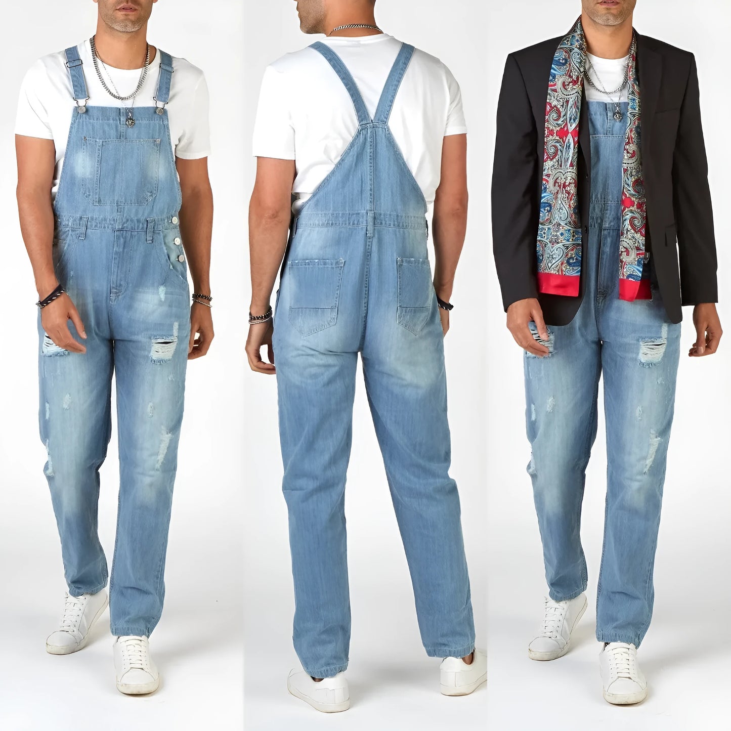 Light blue men's suspender jeans with ripped detailing and straight leg cut