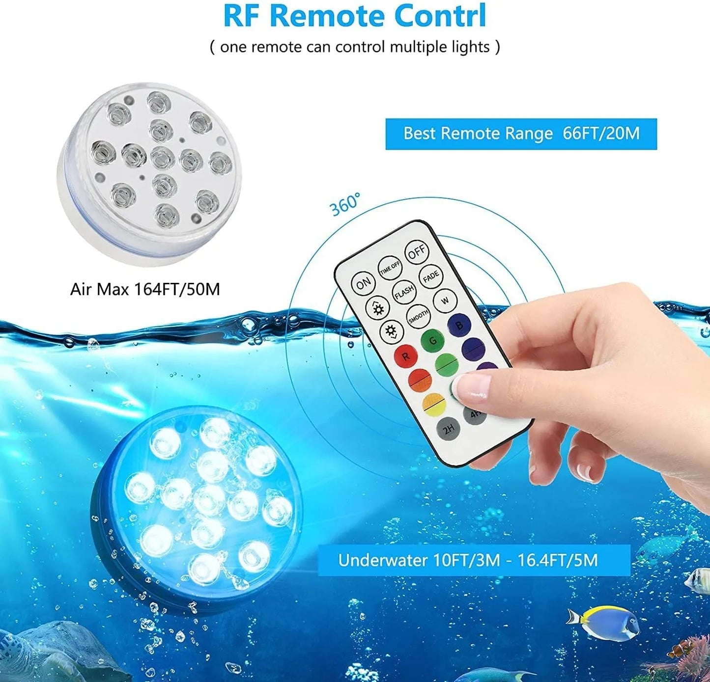 Remote control and small round colour-changing LED diving light with ABS case for underwater use.