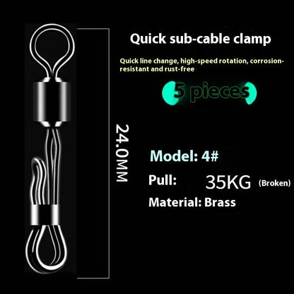 Brass quick change sub line clamp with barrel swivel bearing for fishing line management