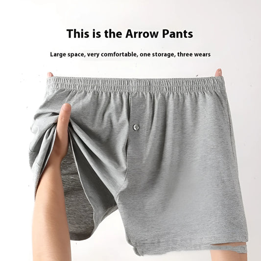 Men's cotton boxer shorts in black colour showing loose fit and high waist design
