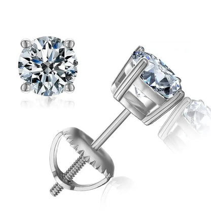Geometric silver screw back moissanite stud earrings with four claw setting and certificate