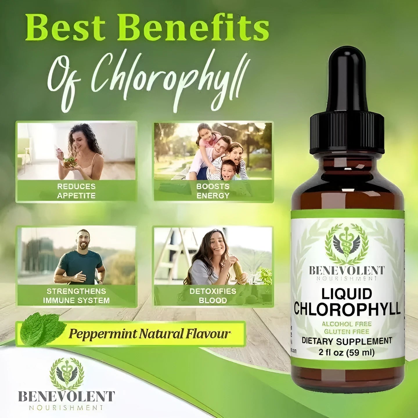 Amber glass bottle with dropper containing 60ml of mint-flavoured liquid chlorophyll drops for internal care.