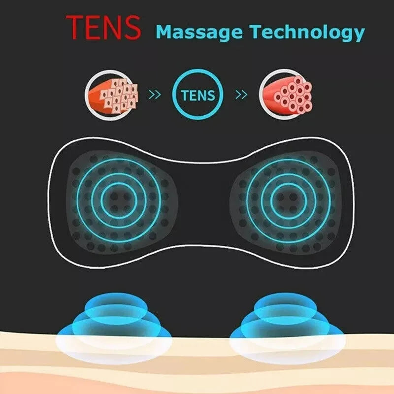 Black HQ-185 mini electric shoulder and neck massager with massage patch, showing compact 15cm size.
