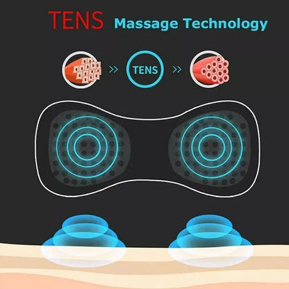 Black HQ-185 mini electric shoulder and neck massager with massage patch, showing compact 15cm size.