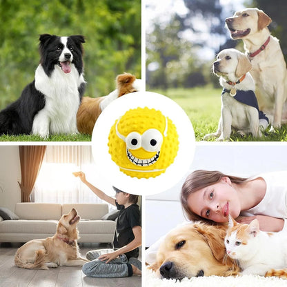Green, orange, and yellow latex dog balls with smile face designs for chewing and play