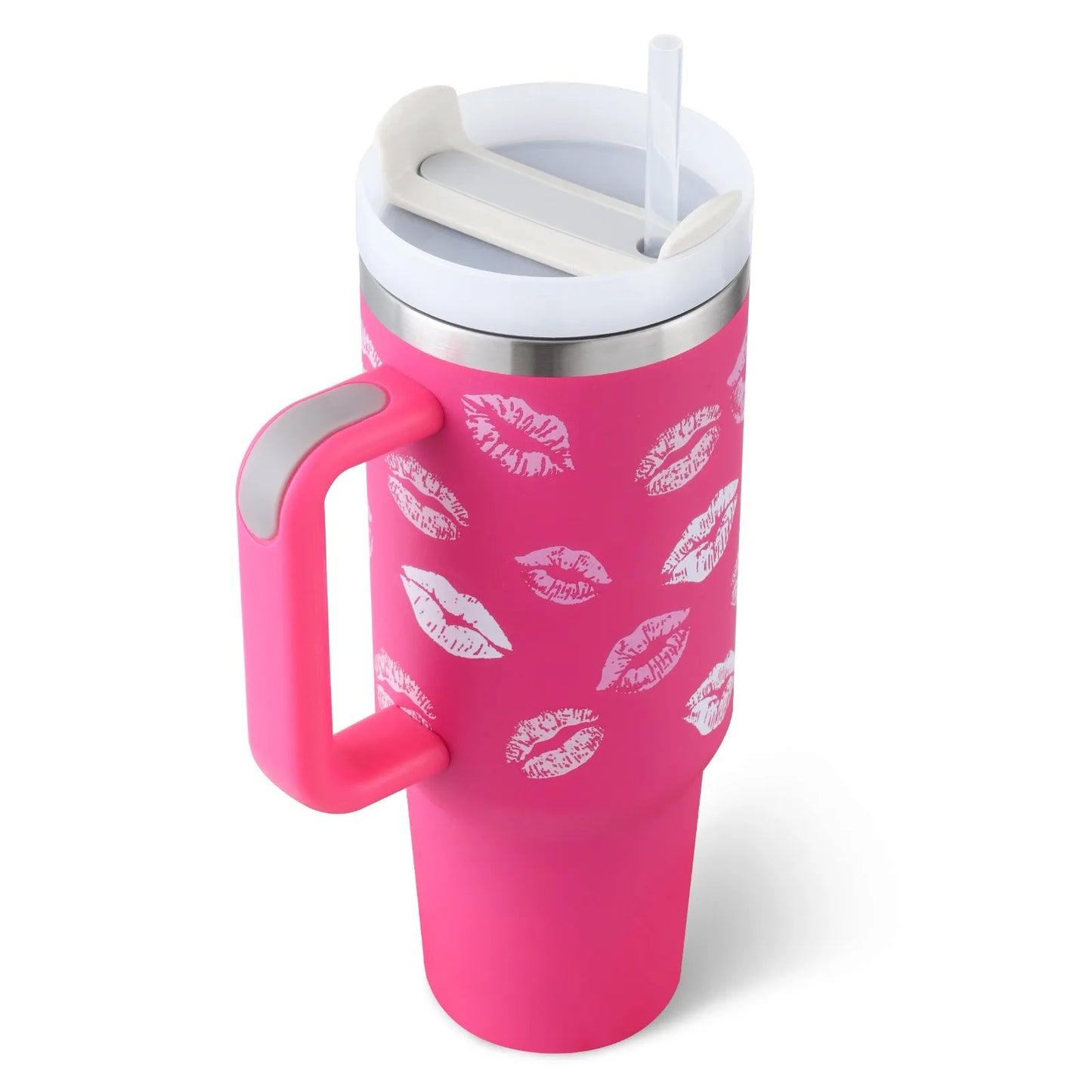 40 oz stainless steel insulated tumbler with handle and straw in tapered mug design