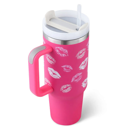 40 oz stainless steel insulated tumbler with handle and straw in tapered mug design