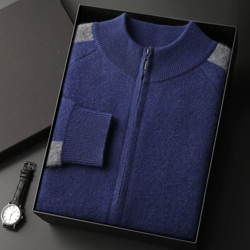 Men's navy blue cashmere wool blend cardigan suit with half turtleneck and zip front