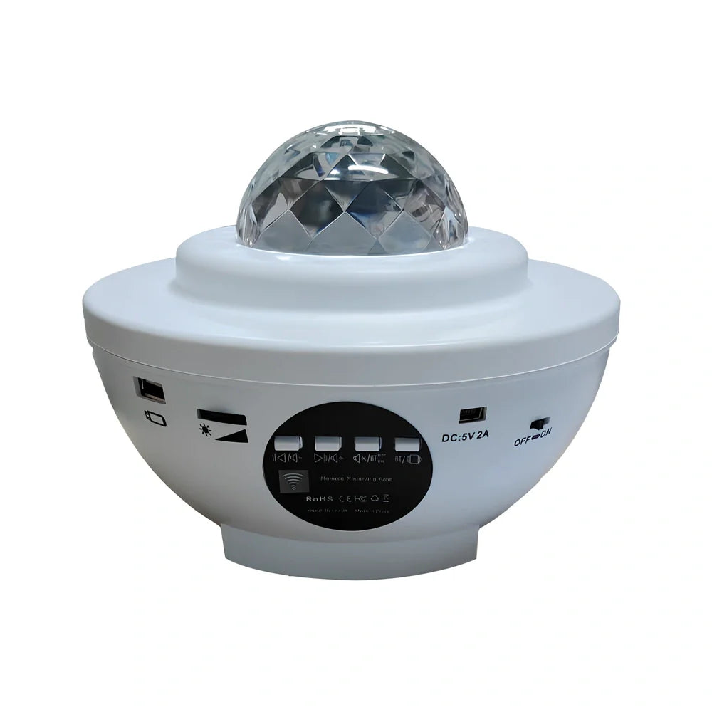 Black Bluetooth music laser projector light with remote control showing compact 160mm dimensions