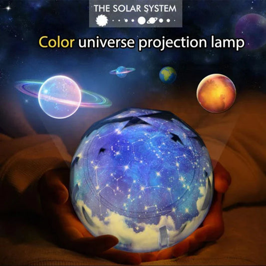 Enchanting star projector lamp with interchangeable film slides showcasing the universe, ocean, and holiday motifs