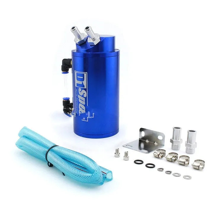 Car engine oil catch tank in metallic finish showing round and square model options
