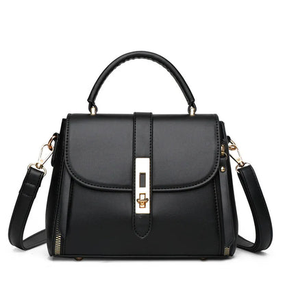 Women's soft black PU leather vertical messenger bag with adjustable strap, showing interior polyester lining.
