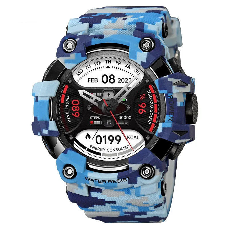 56mm round smart watch with touch screen displaying health metrics, featuring TPU strap and mineral strengthened glass, 50m waterproof
