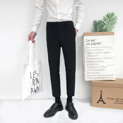 Men's straight-leg cotton casual trousers in khaki with a drawstring waistband.