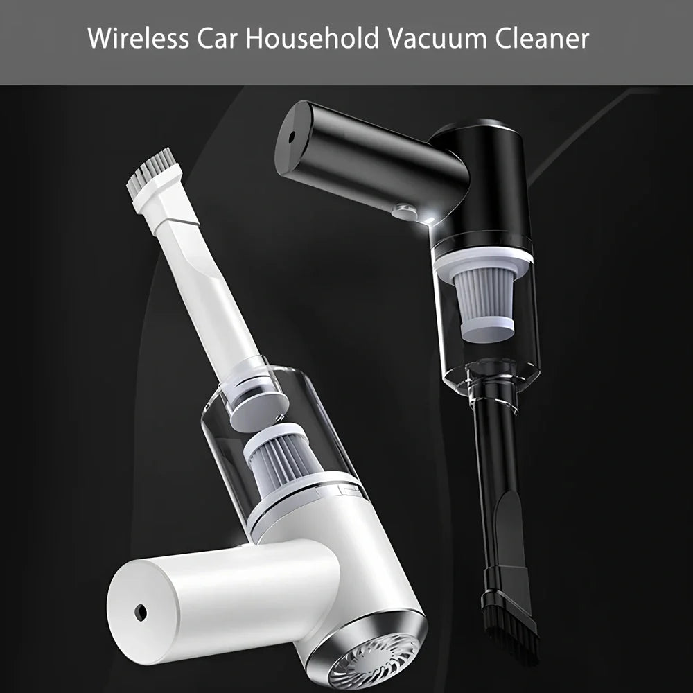 Black cordless car vacuum with suction head and brush attachment, 16.5cm size