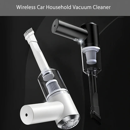 Black cordless car vacuum with suction head and brush attachment, 16.5cm size