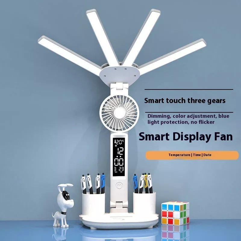 3-in-1 Multifunction LED Desk Lamp with fan, calendar clock, and adjustable lighting